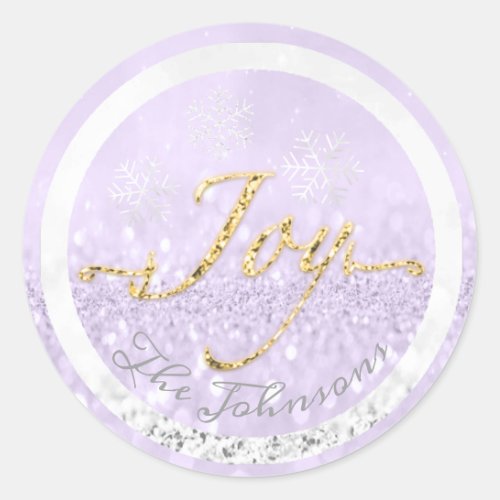 Joy Holidays Name Snowflakes Gold Purple Gray Classic Round Sticker