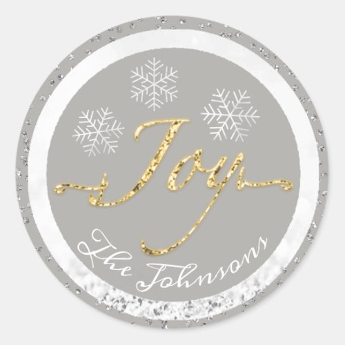 Joy Holidays Name Snowflakes Gold Spark Gray Classic Round Sticker