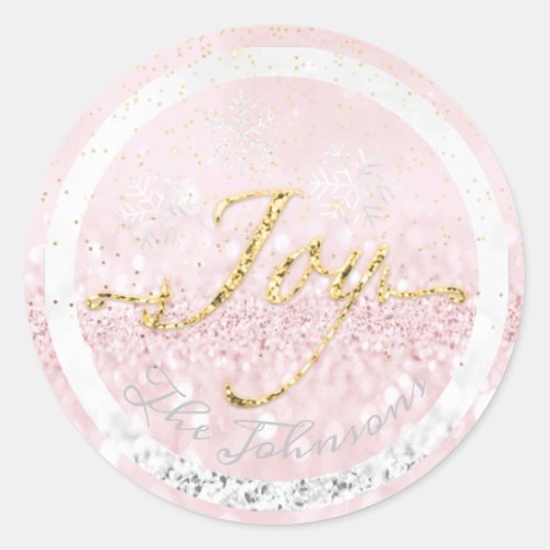 Joy Holidays Name Snowflakes Pink Gold Confetti Classic Round Sticker