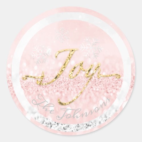 Joy Holidays Name Snowflakes Pink Gold Glitter Classic Round Sticker