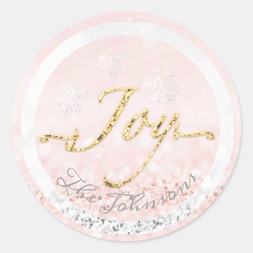 Joy Holidays Name Snowflakes Pink Gold Glitter Classic Round Sticker