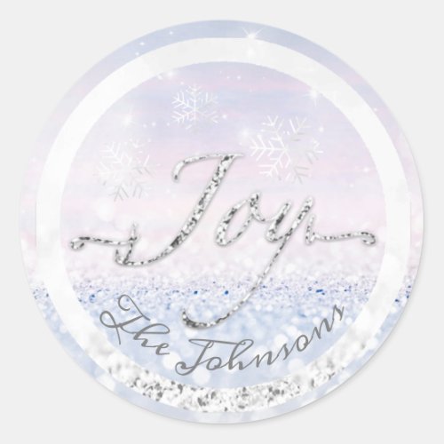 Joy Holidays Winter Name Snowflakes Blue Glitter Classic Round Sticker