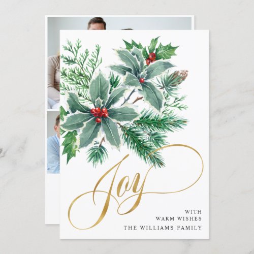 JOY Holly Berry Branch Christmas Greeting 3 PHOTO Holiday Card