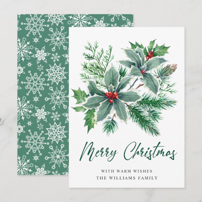 JOY Holly Berry Branch Christmas Greeting Holiday Card (Front/Back)