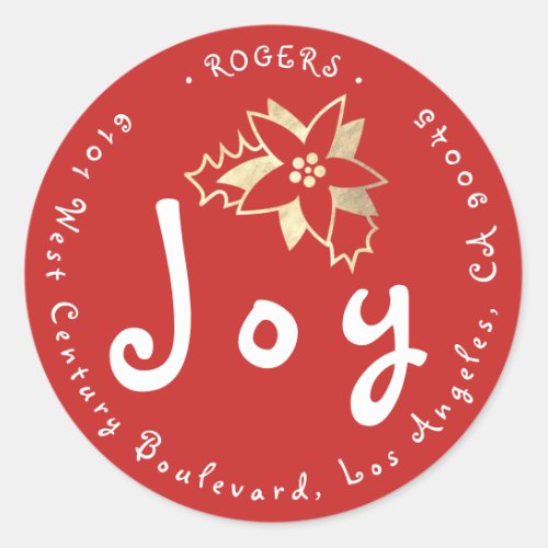 Joy Holly Berry Holiday Return Address Red White Classic Round Sticker