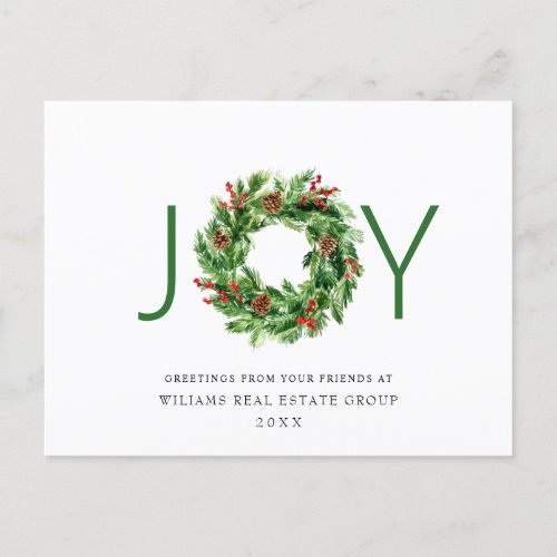 JOY Holly Berry Pine Christmas Wreath Corporate Postcard