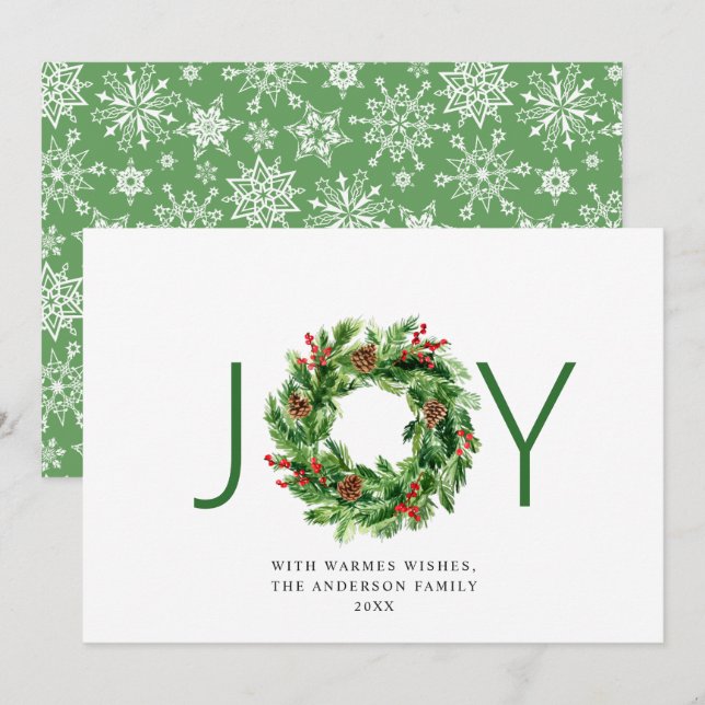 JOY Holly Berry Pine Cones Christmas Wreath Holiday Card (Front/Back)