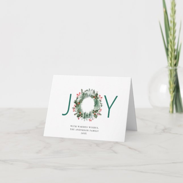 JOY Holly Berry Wreath Christmas Greeting Holiday Card (Front)