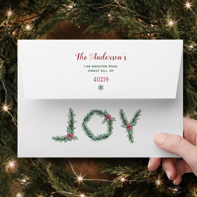 "Joy" Holly Branches Christmas Return Address Envelope (Creator Uploaded)
