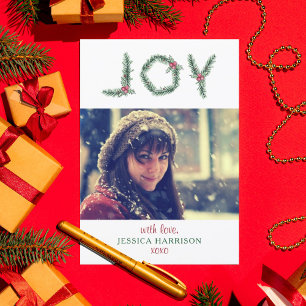 "Joy" Holly Branches Photo Christmas Card