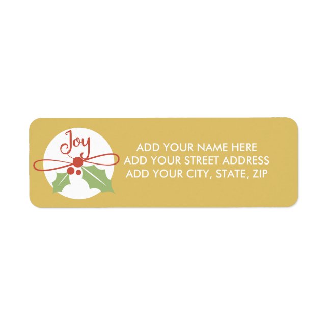 Joy Holly Gold Christmas Holiday Address Labels (Front)