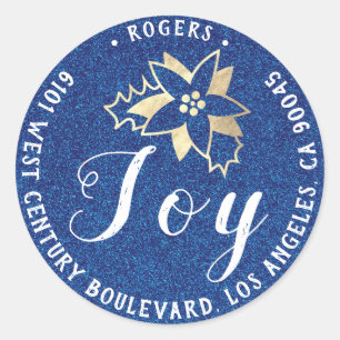Joy Holly Holiday Return Address Blue RSVP Gold Classic Round Sticker