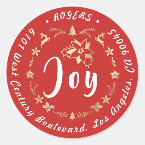 Joy Holly Holiday Return Address Red White RSVP Classic Round Sticker