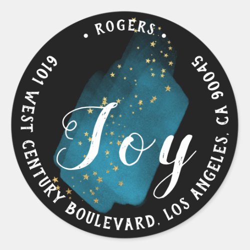 Joy Holly Holiday Return Address Stars Stroke Navy Classic Round Sticker