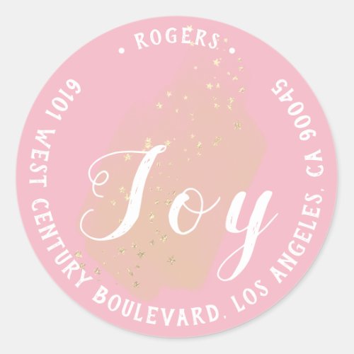 Joy Holly Holiday Return Address Stars Stroke Pink Classic Round Sticker