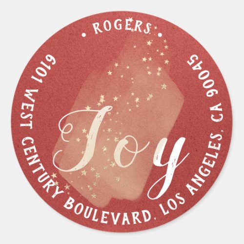 Joy Holly Holiday Return Address Stars Stroke Red Classic Round Sticker