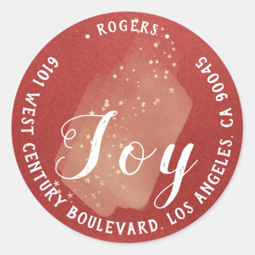 Joy Holly Holiday Return Address Stars Stroke Red Classic Round Sticker