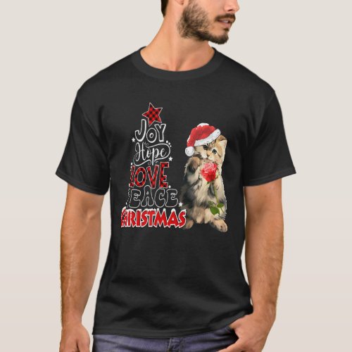 Joy Hope Love Peace Christmas Tree Cat Holiday Xma T_Shirt