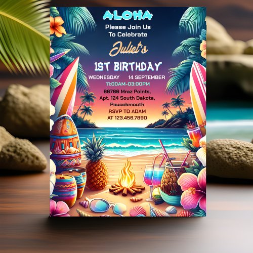 Joy hula Luau Surf aloha hawaiian 1st birthday Inv Invitation