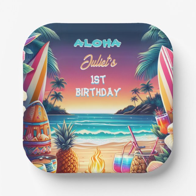 Joy hula Luau Surf aloha hawaiian 1st birthday Paper Plates (Front)