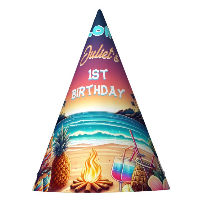 Joy hula Luau Surf aloha hawaiian 1st birthday Party Hat (Front)