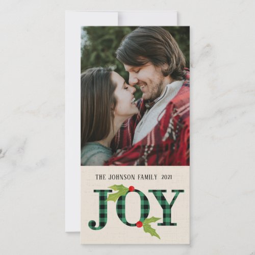 Joy in Green Black Buffalo Plaid Holly Beige Photo Holiday Card