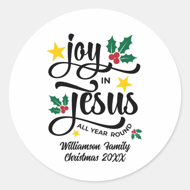 Joy in Jesus Christian Christmas Family Name  Classic Round Sticker (Front)
