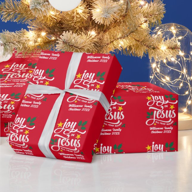 Joy in Jesus Christian Christmas Family Name  Wrapping Paper (Holidays)