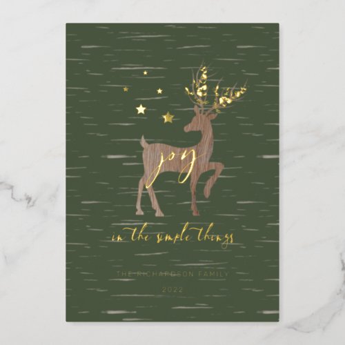 Joy In the Simple Things Birch Bark Woodgrain Deer Foil Holiday Card