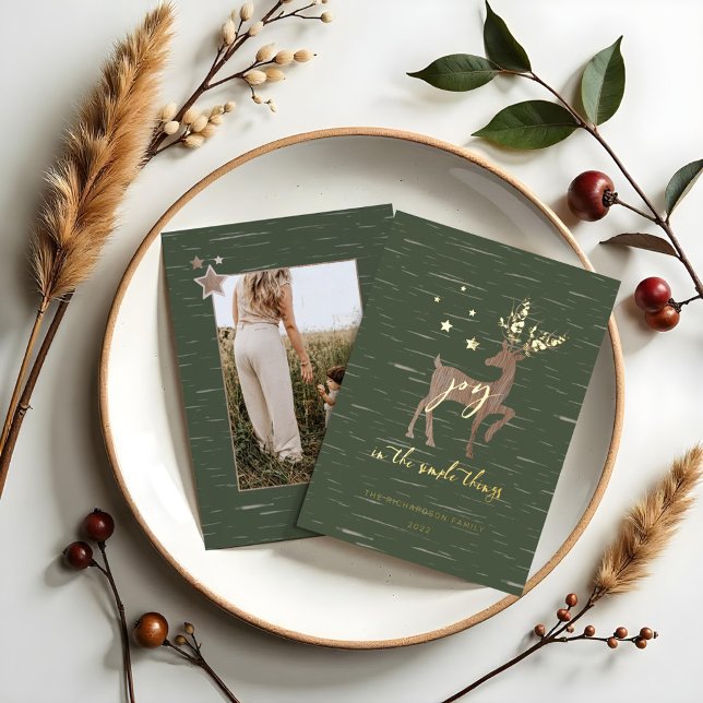 Joy In the Simple Things Birch Bark Woodgrain Deer Foil Holiday Card (Joy In the Simple Things Birch Bark Woodgrain Deer Foil Holiday Card)