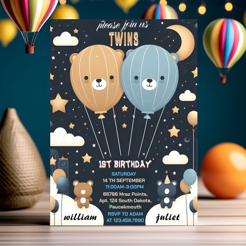 Joy joint bear Hot Air Balloon Twins 1st Birthday Invitation