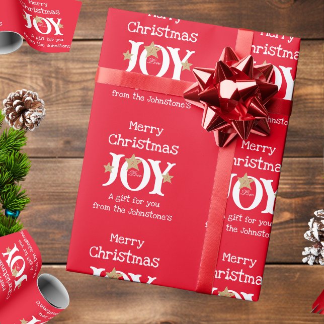 Joy! Joyful Chic Elegant Script Red Christmas Gift Wrapping Paper (Wrap things up with this bold and cheerful gift wrap.)