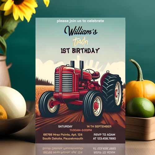 Joy kids retro boy cool tractor first 1st birthday invitation