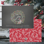 Joy Laurel Wreath With Berries Corporate Card<br><div class="desc">A laurel wreath of white with green leaves and red berries,   white text that reads Joy,  and areas you can easily customize on a black chalkboard background. The card back is bright red with white evergreen branches,  leaves,  and berries design.</div>