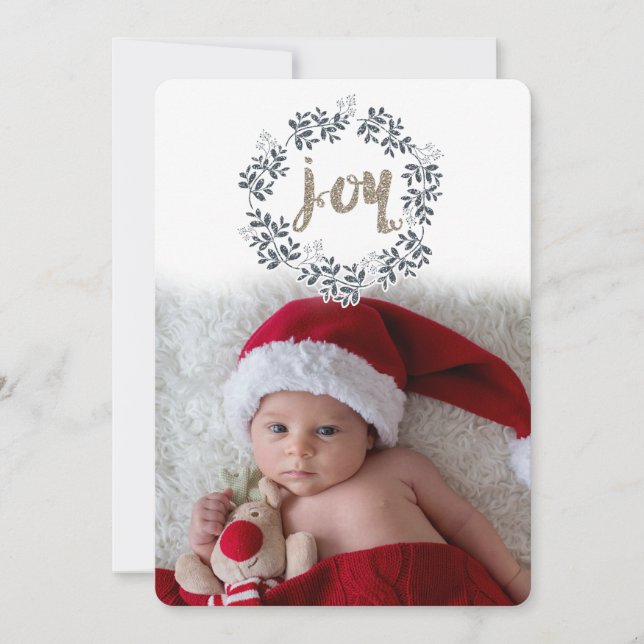 JOY Leaf Wreath Rustic Festive Holiday Photo Card (Front)