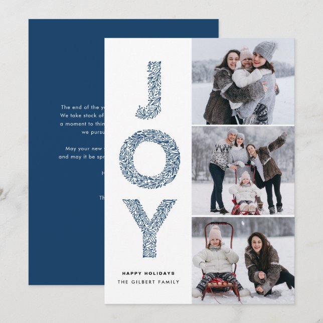 JOY Lettering Blue Christmas Photo Collage Holiday Card (Front/Back)