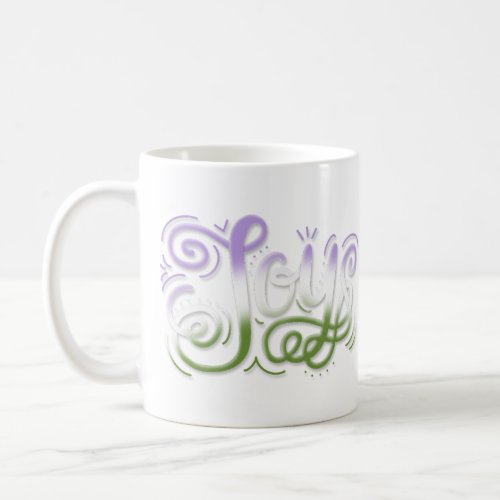 Joy lettering genderqueer pride purple white green coffee mug