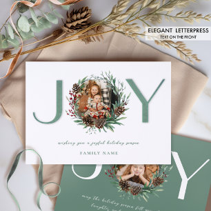 Joy Letterpress Photo Modern Green Holiday Card