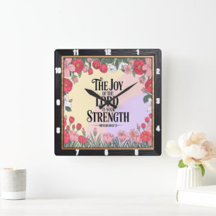 Joy Lord Strength Floral Square Wall Clock