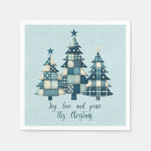 Joy, Love and Peace Blue Checkered Christmas Trees Napkins