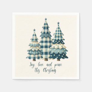 Joy, Love and Peace Blue Checkered Christmas Trees Napkins