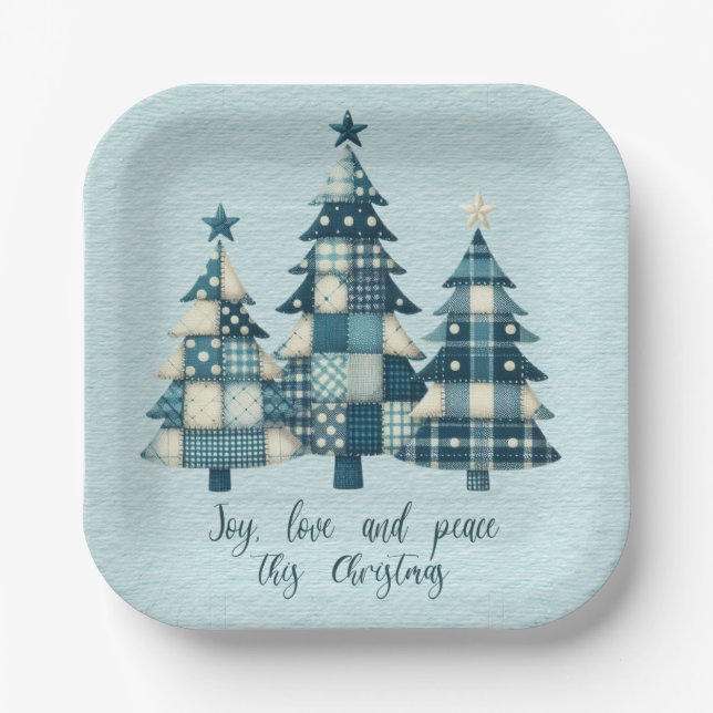 Joy, Love and Peace Blue Checkered Christmas Trees Paper Plates (Front)