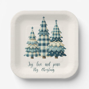 Joy, Love and Peace Blue Checkered Christmas Trees Paper Plates