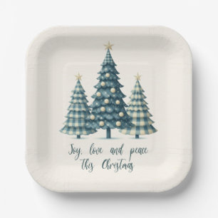 Joy, Love and Peace Blue Checkered Christmas Trees Paper Plates