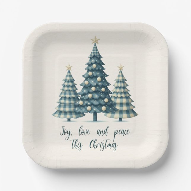 Joy, Love and Peace Blue Checkered Christmas Trees Paper Plates (Front)