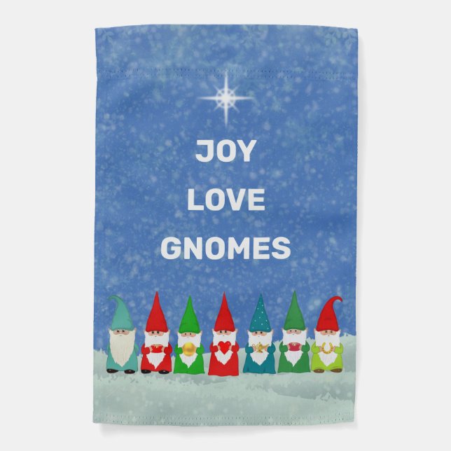 Joy, Love & Christmas Gnomes Garden Flag (Front)
