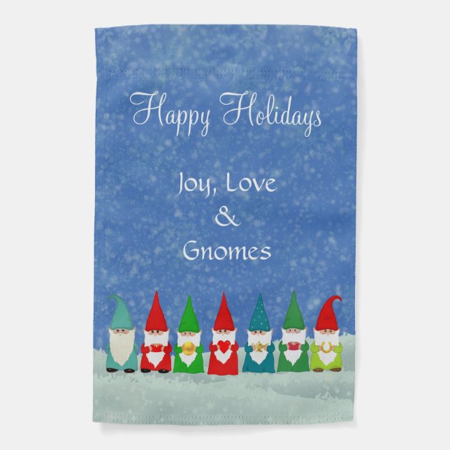 Joy, Love & Christmas Gnomes Garden Flag (Front)