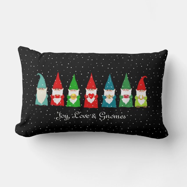 Joy, Love & Christmas Gnomes on Black Lumbar Pillow (Front)