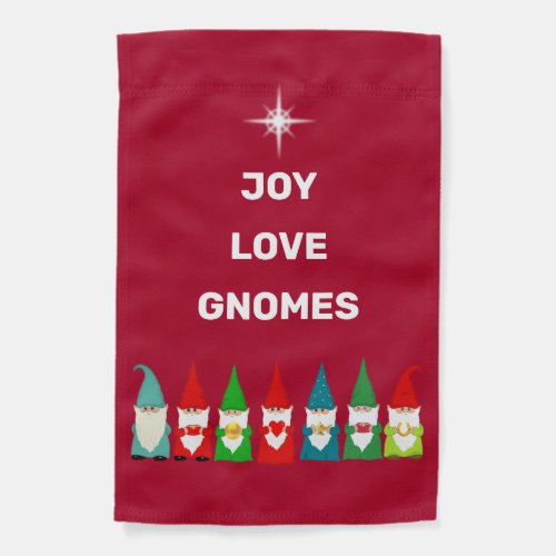 Joy Love  Christmas Gnomes on Maroon Garden Flag