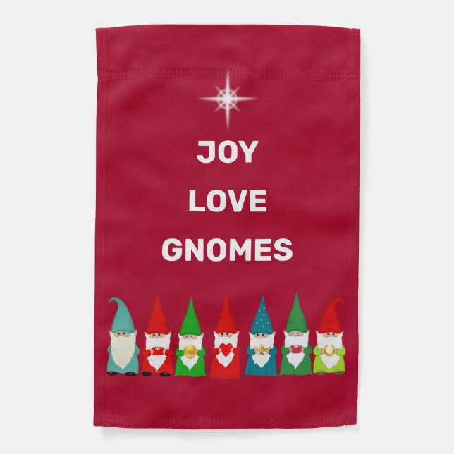 Joy, Love & Christmas Gnomes on Maroon Garden Flag (Front)